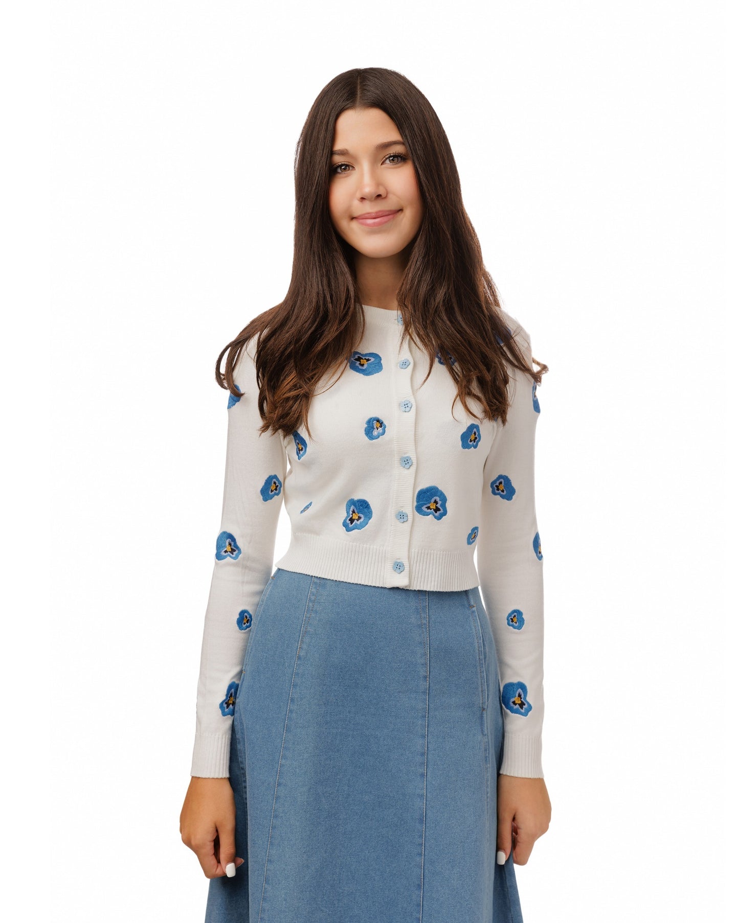 White Knit Twinset With Blue Embroidery