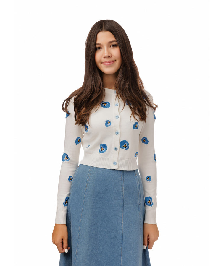 White Knit Twinset With Blue Embroidery
