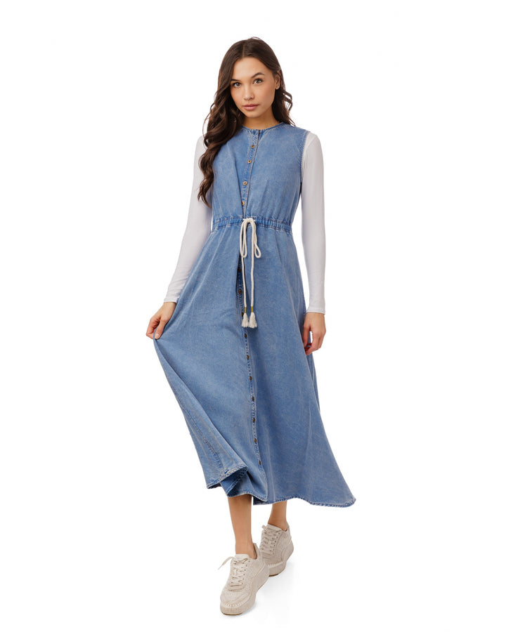 Drawstring Washed Denim Jumper - Blue