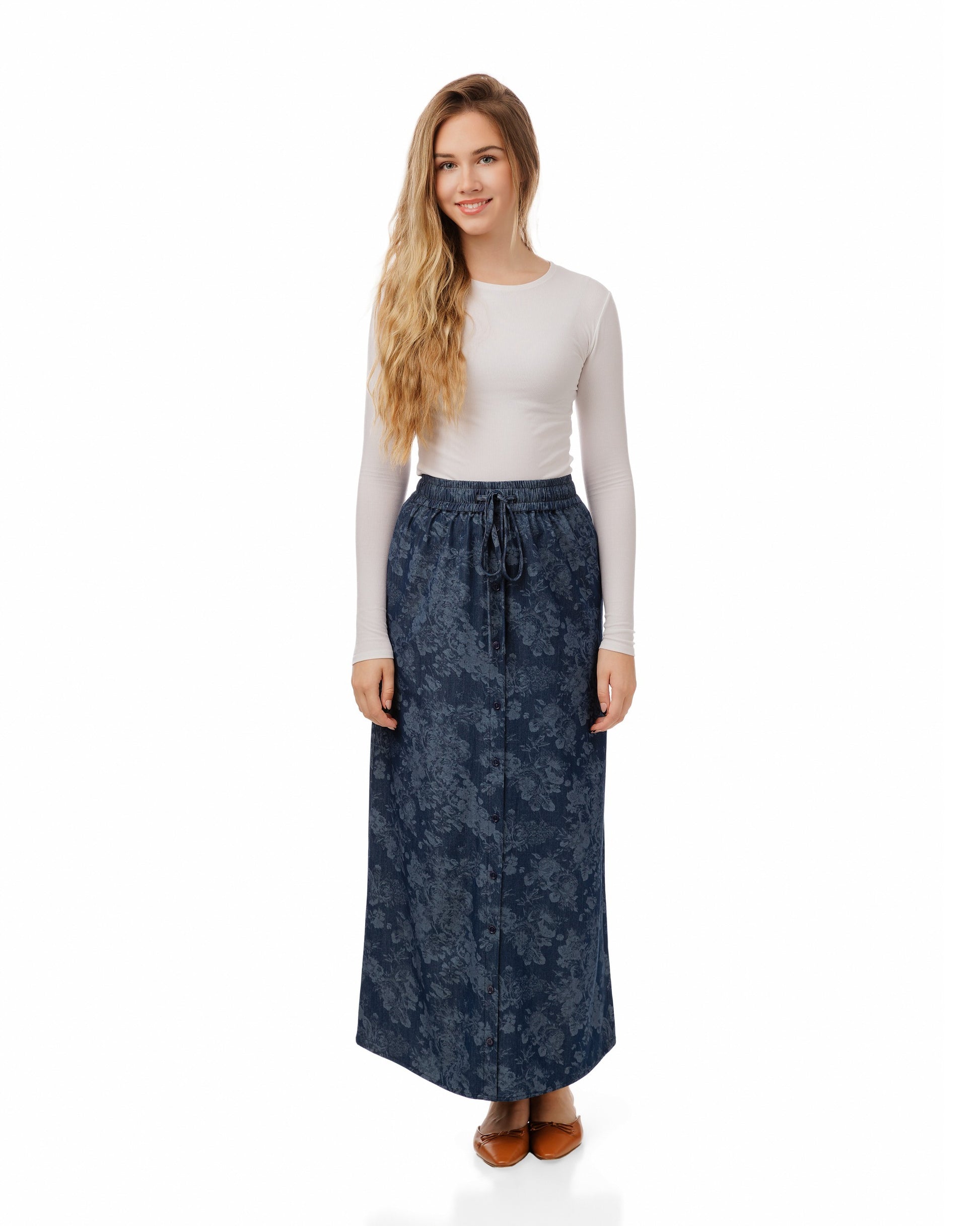 Acid Wash Flower Print Front Button Skirt