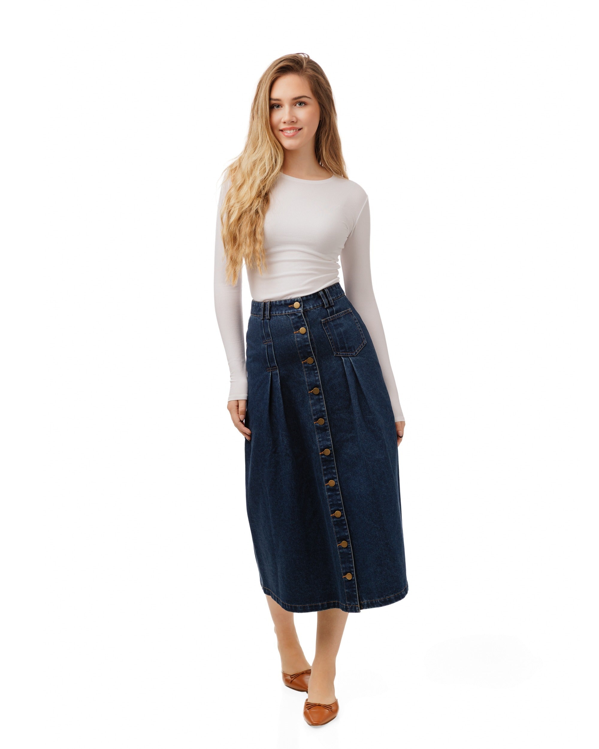 Front Button Pocket Detail Denim Skirt - Blue