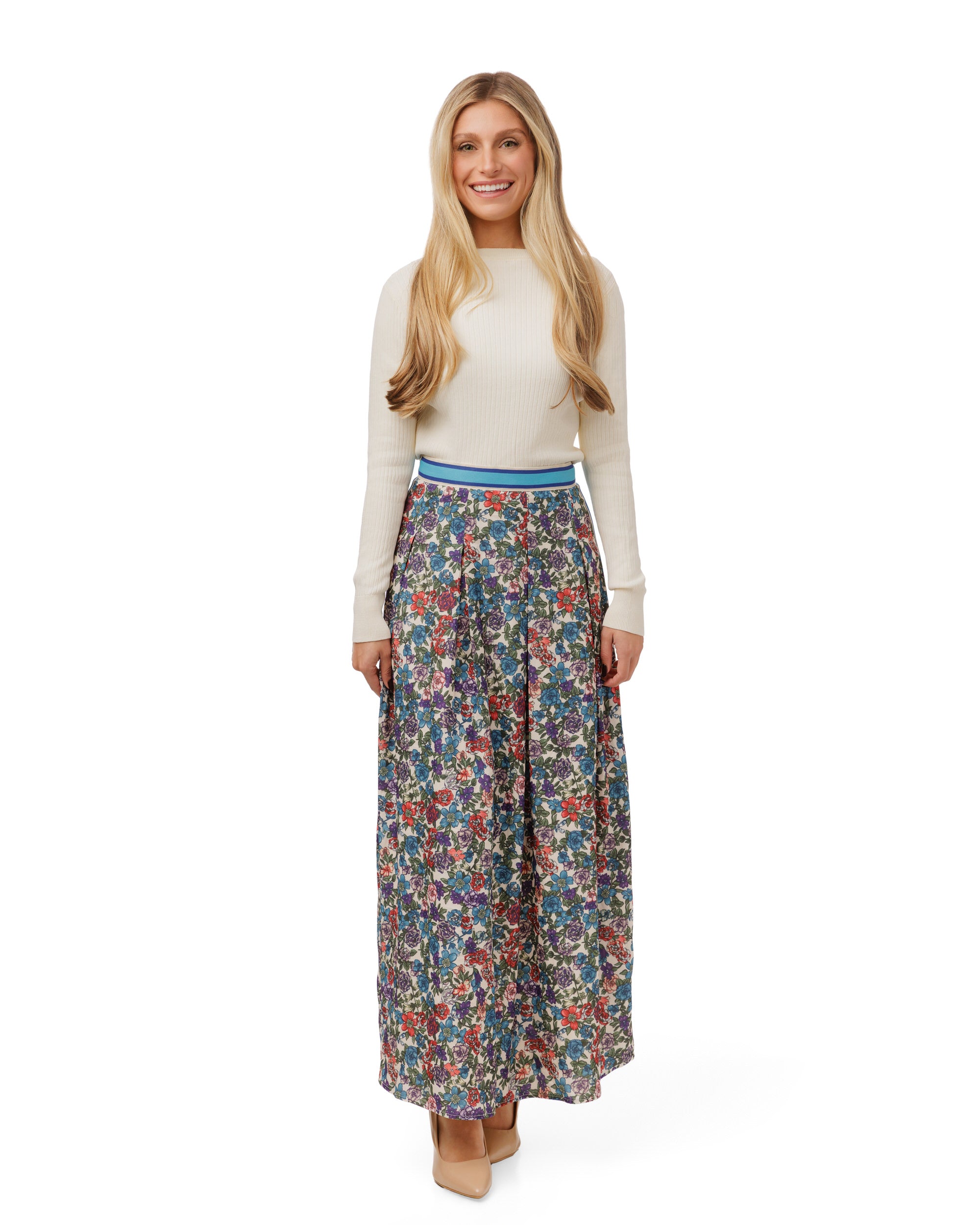 Blue And Red Floral Skirt With Striped Waist