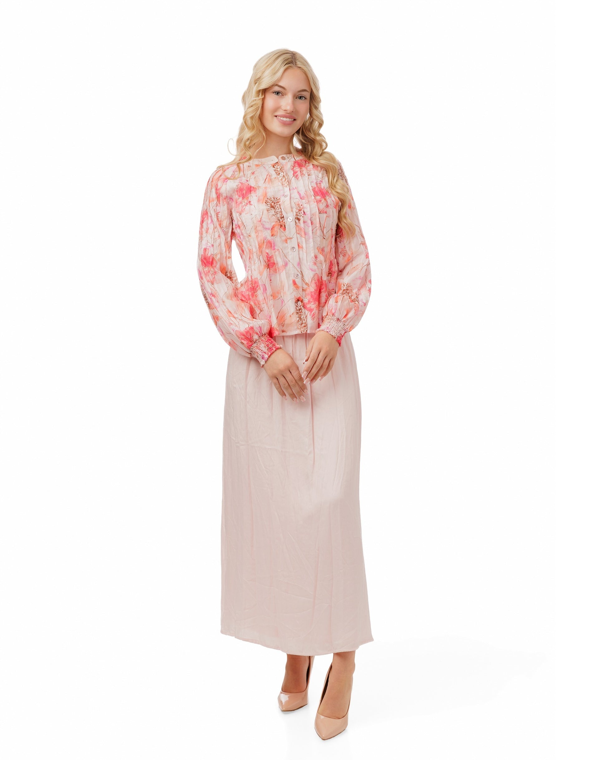 Pink Base Floral Pleated Blouse