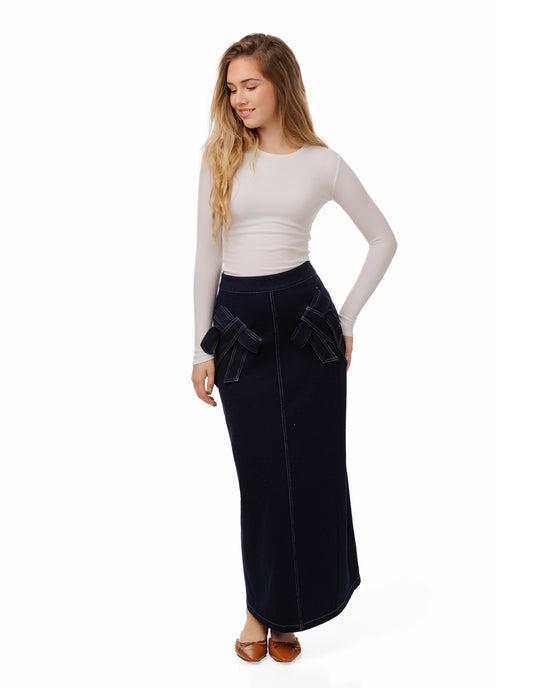 Navy Bow Tie Denim Skirt