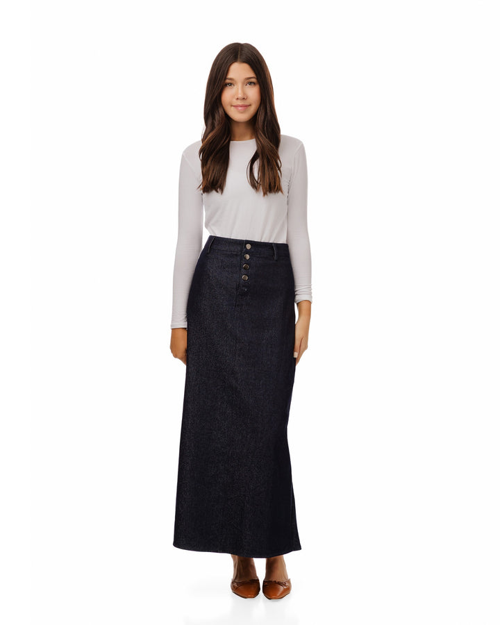 Dark Navy Denim Skirt With Snaps