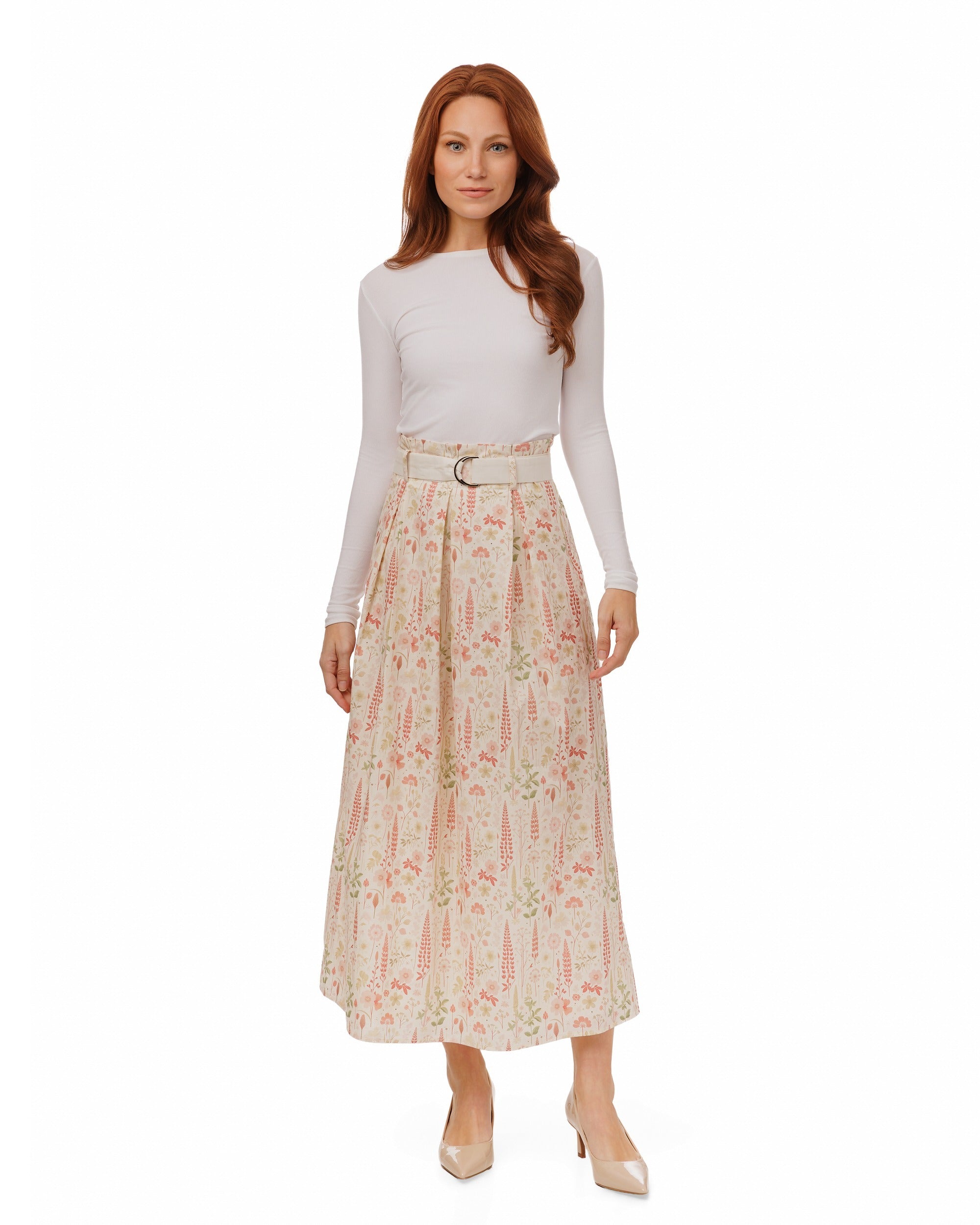 Pink And Beige Floral Skirt With Waistband