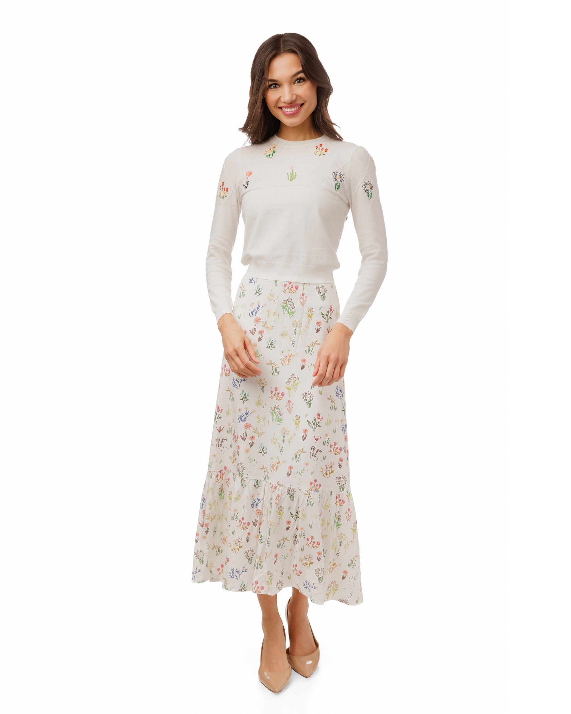 White Knit Top With Floral Embroidery