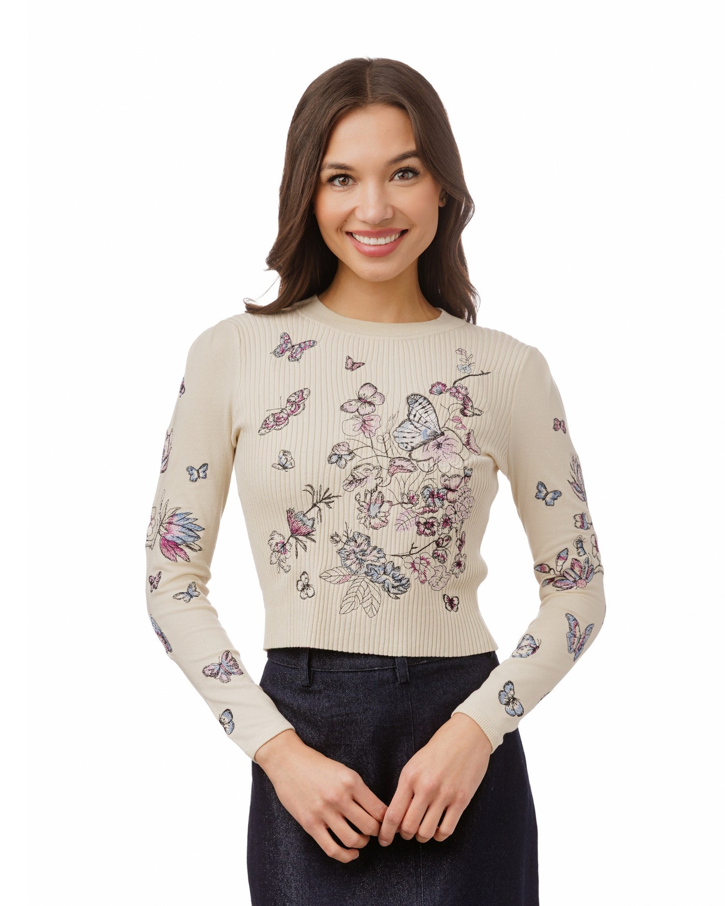 Knit Ribbed Butterfly Embroidered Top - Beige