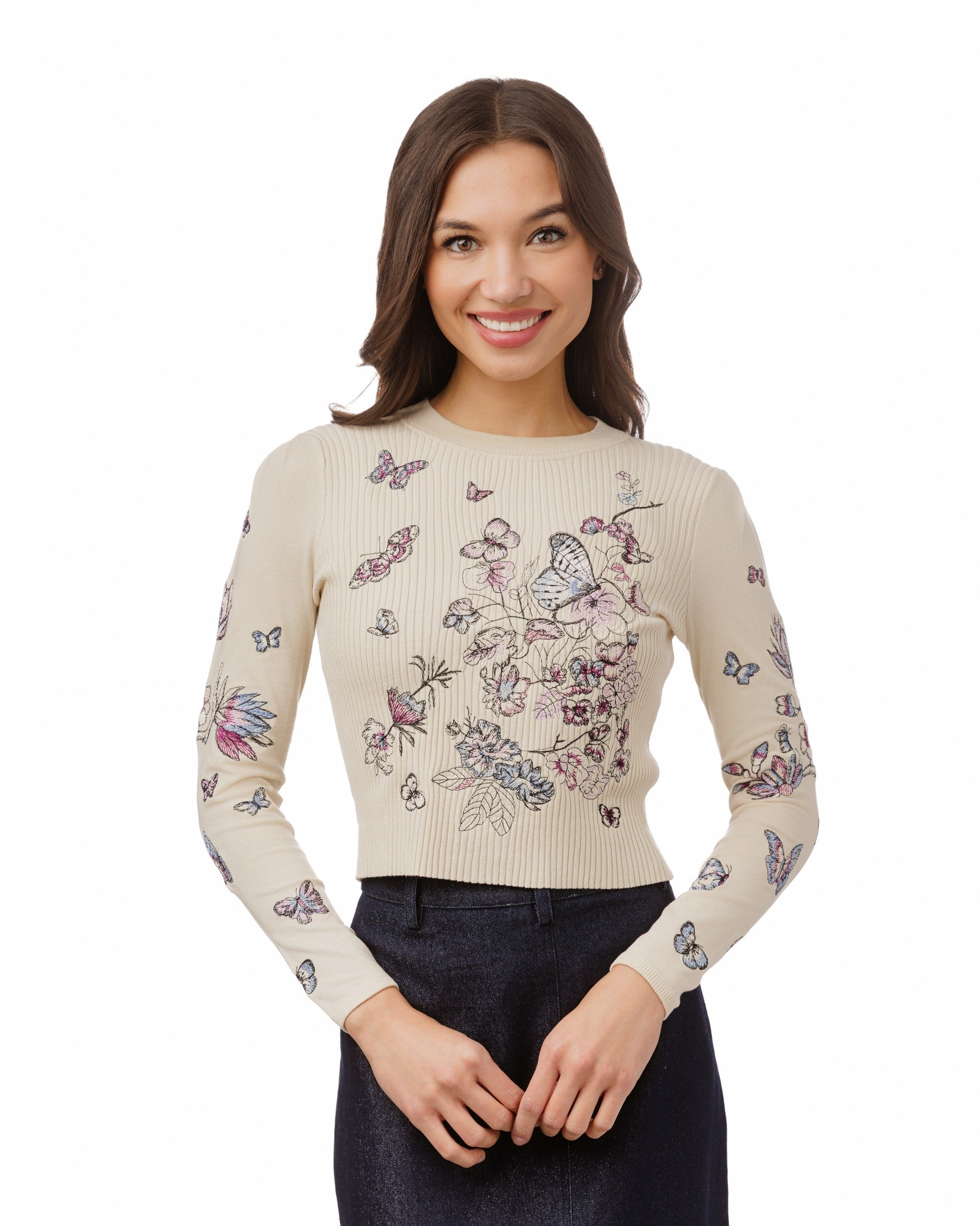 Knit Ribbed Butterfly Embroidered Top - Beige