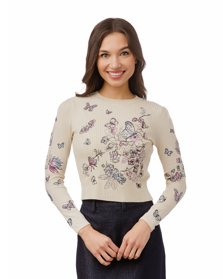 Knit Ribbed Butterfly Embroidered Top - Beige