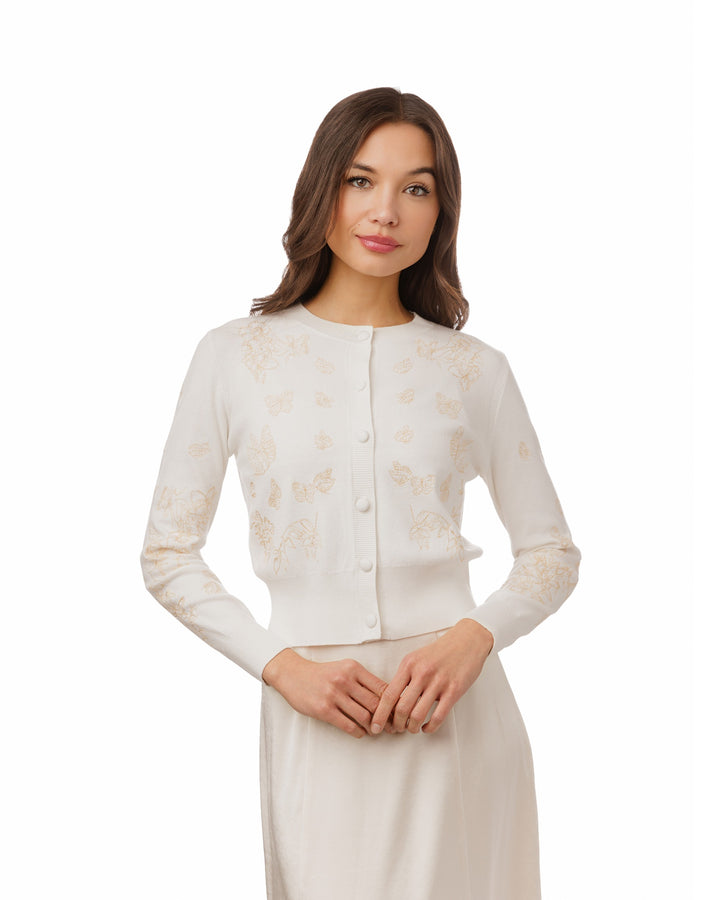 White Knit Cardigan With Tan Embroidery