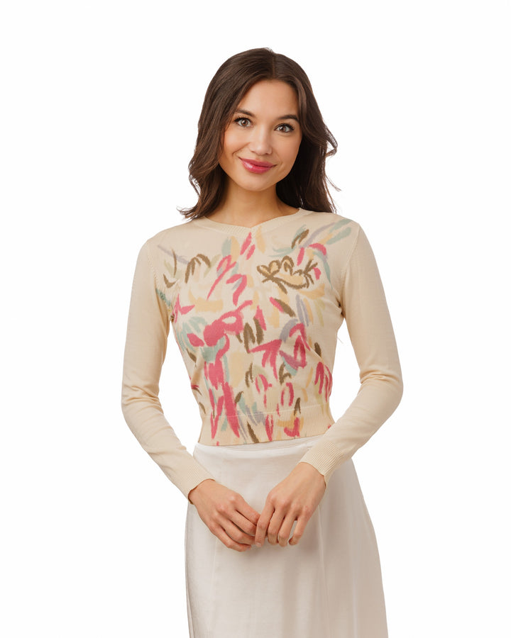 Abstract Butterfly Print Tan Sweater