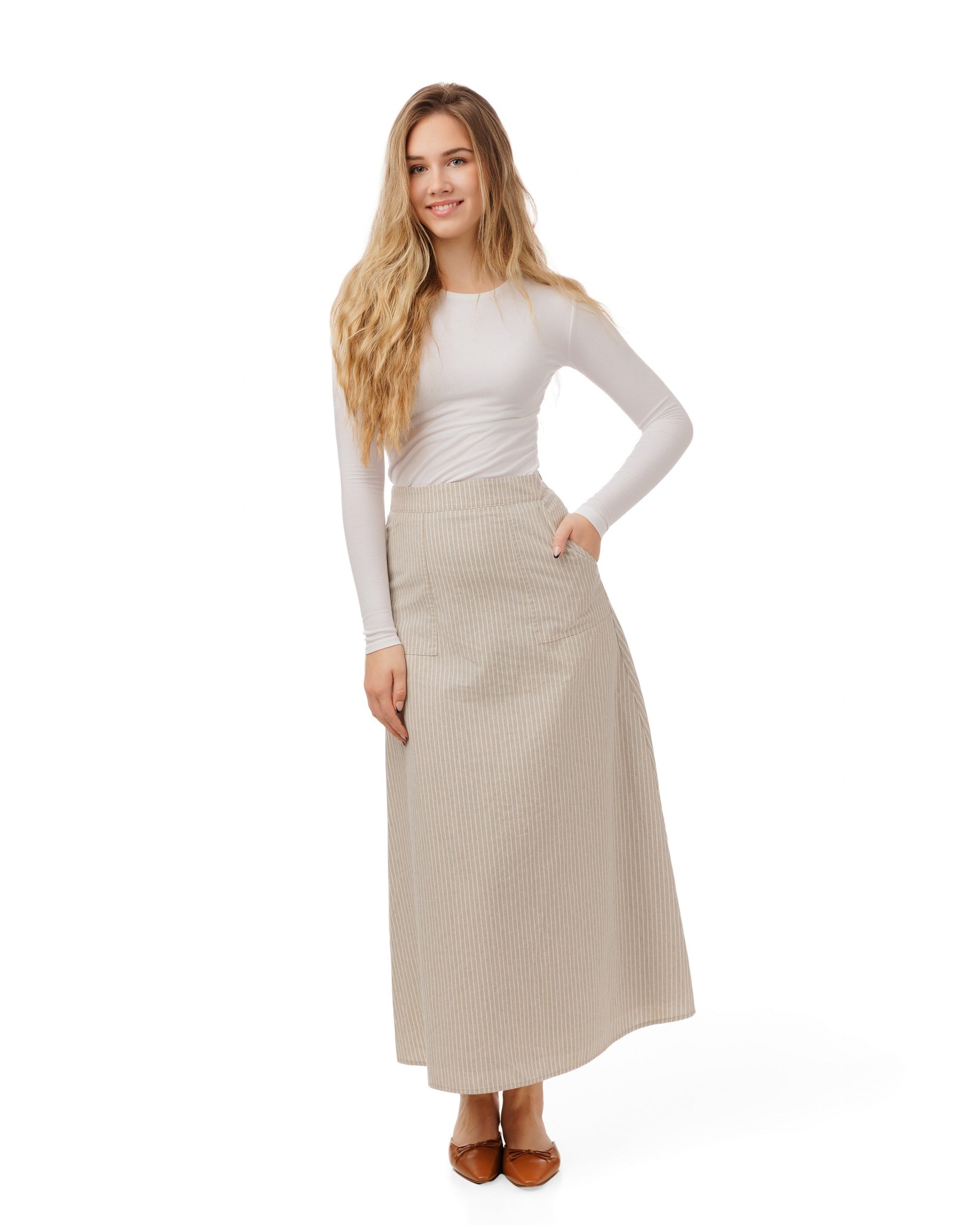 Striped A-Line Skirt - Tan