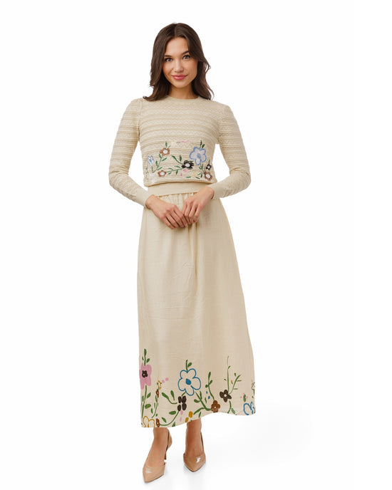 Tan Textured Knit With Embroidery