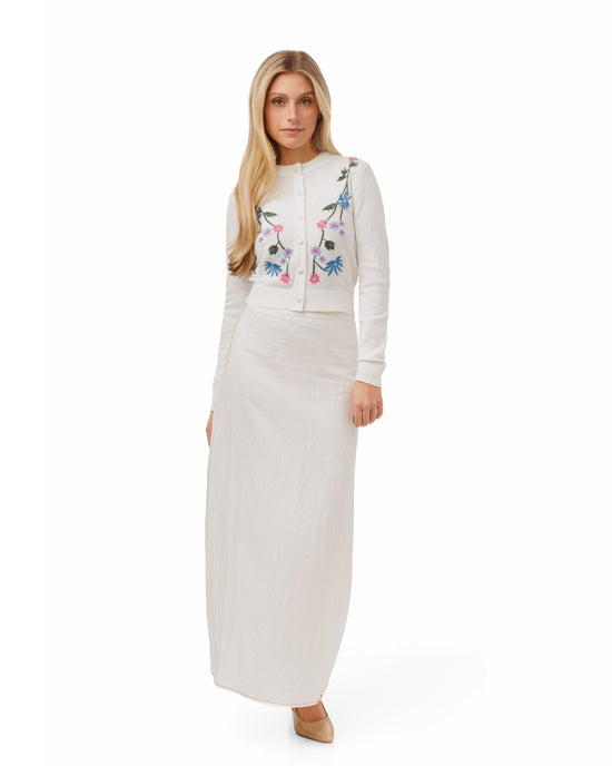 Knit Textured Cardigan With Blue And Pink Flowers - White