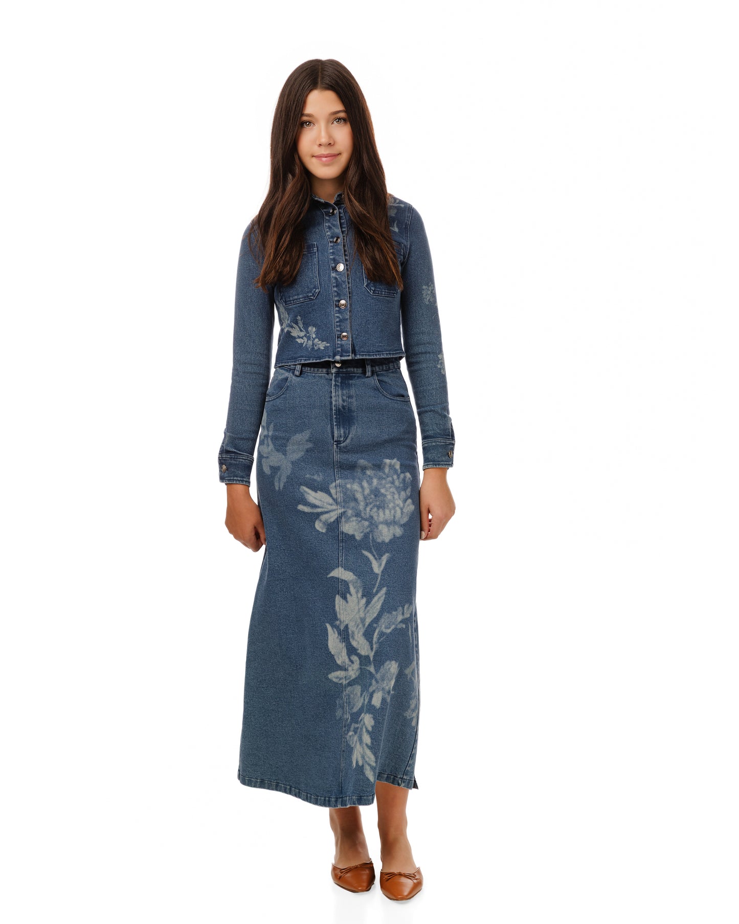 Acid Washed Flower Print Denim Skirt - Blue