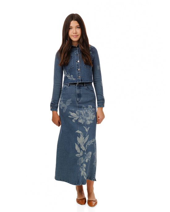 Acid Washed Flower Print Denim Skirt - Blue