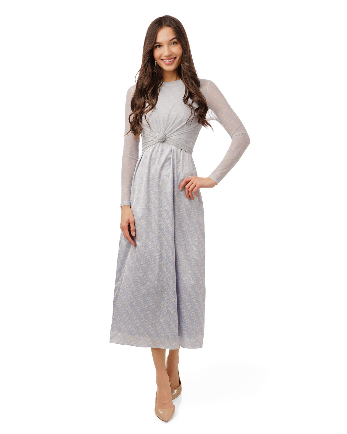 Abstract Print Blue Jumper With Tie Neck Overlay – The Runway Company