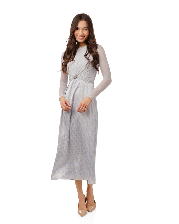 Abstract Print Blue Jumper With Tie Neck Overlay