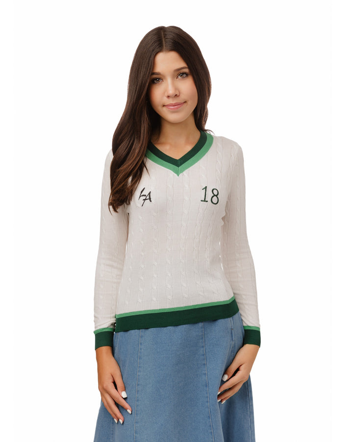White And Green Cable Knit Top
