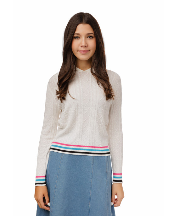 White Cable Knit Sweater With Hood