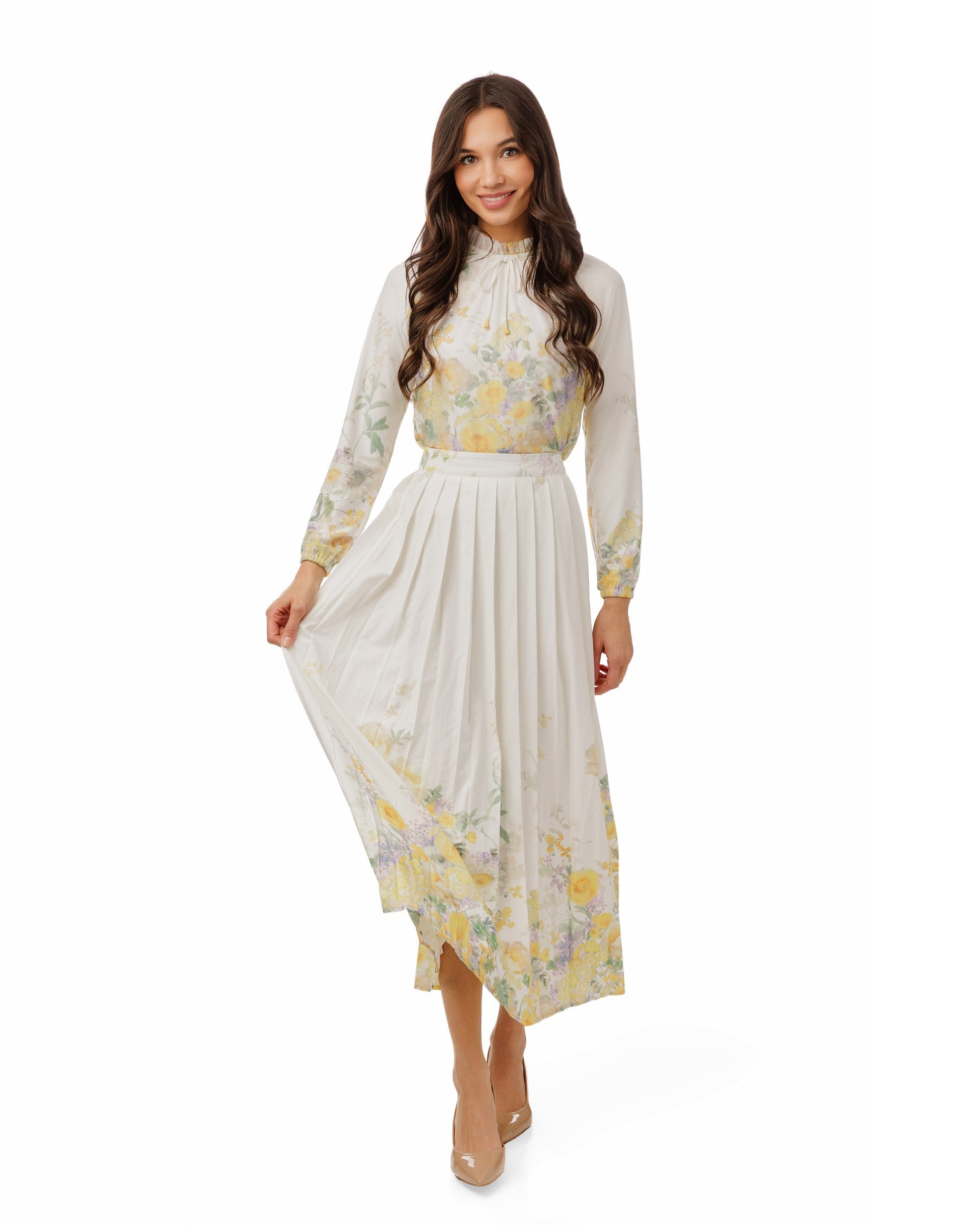 Ivory Pleated Floral Print Skirt - Yellow