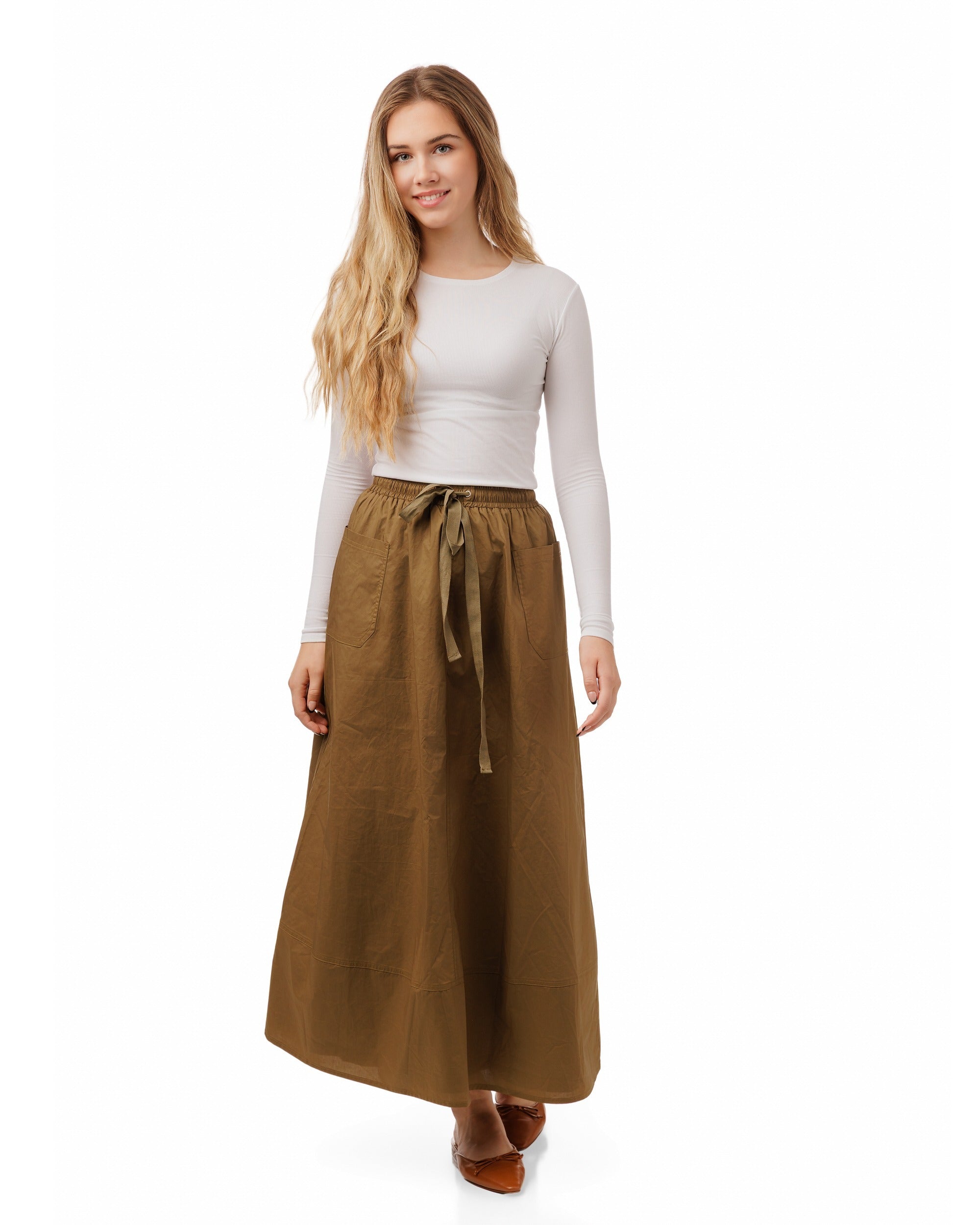 Cotton Skirt With Pockets - Brown
