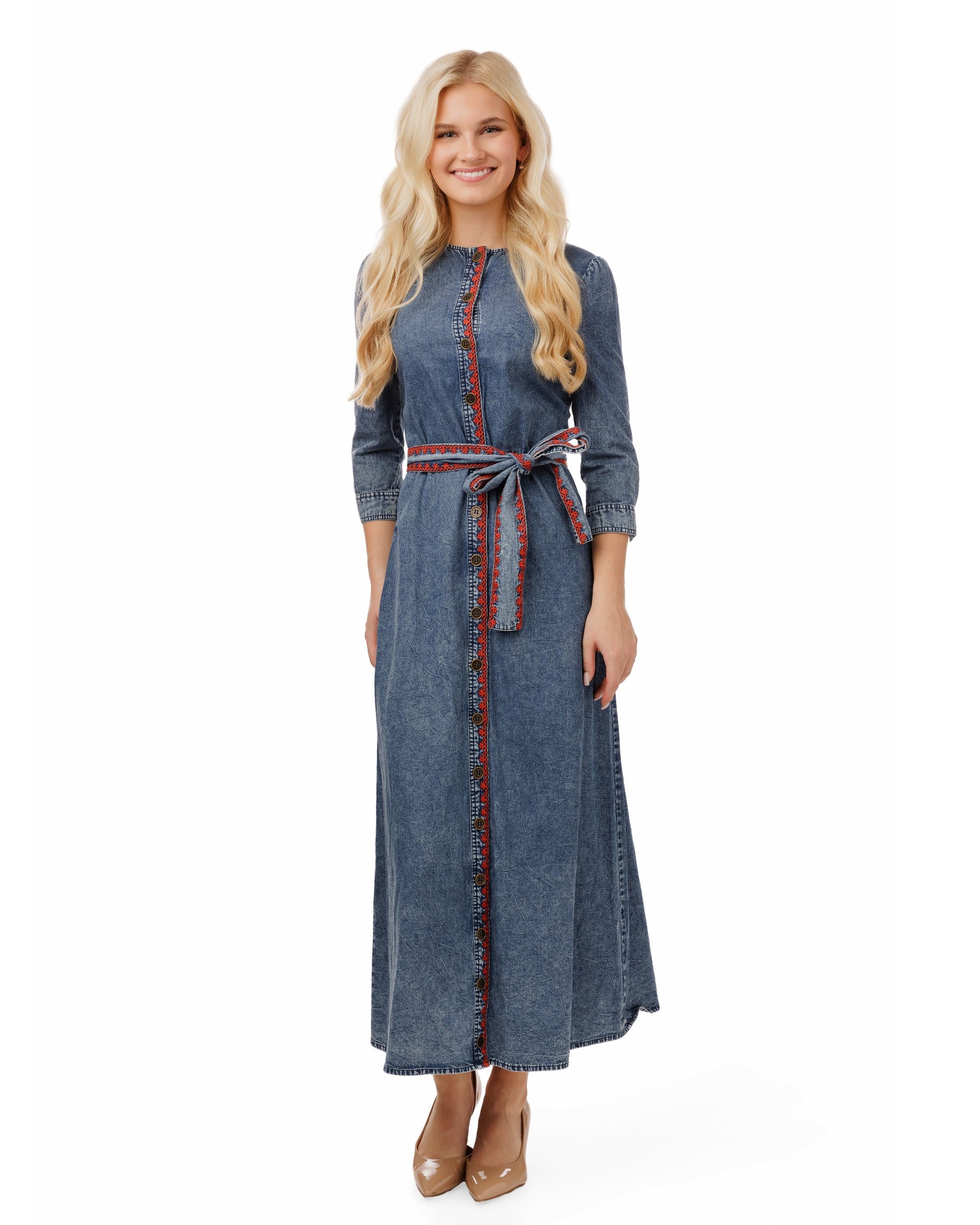 Red Embroidery Trim Denim Dress