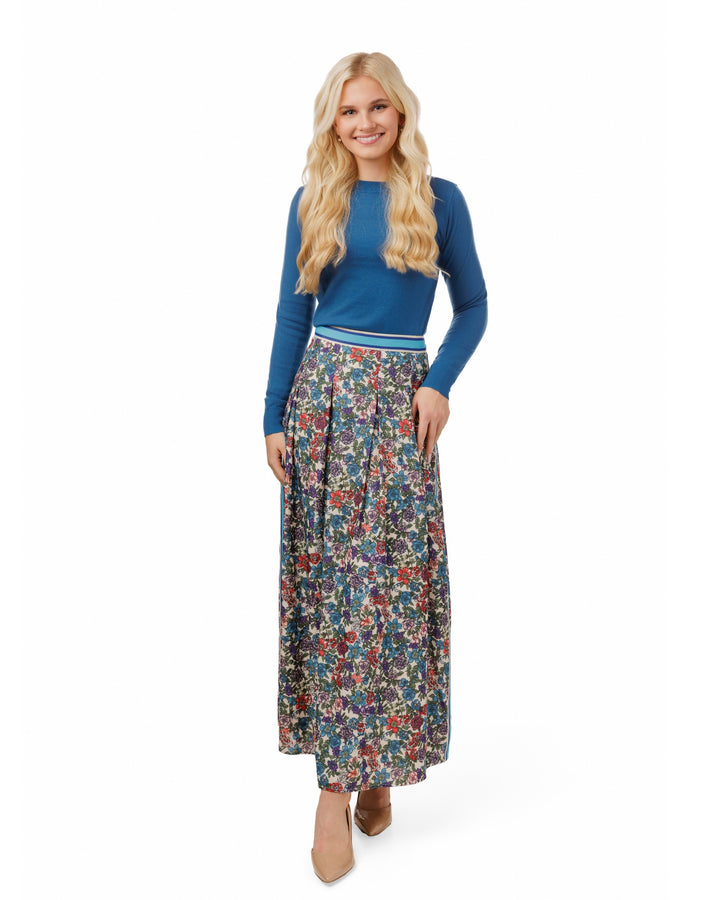 Blue And Red Floral Skirt With Striped Waist