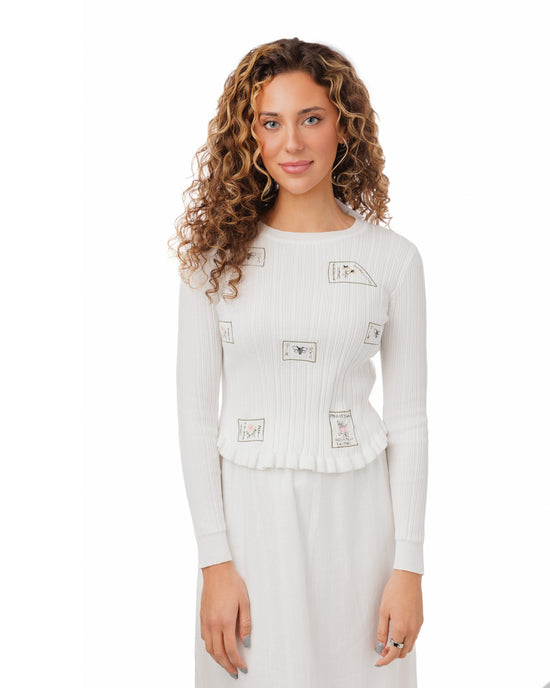 Floral Patch Print White Ribbed Knit Top