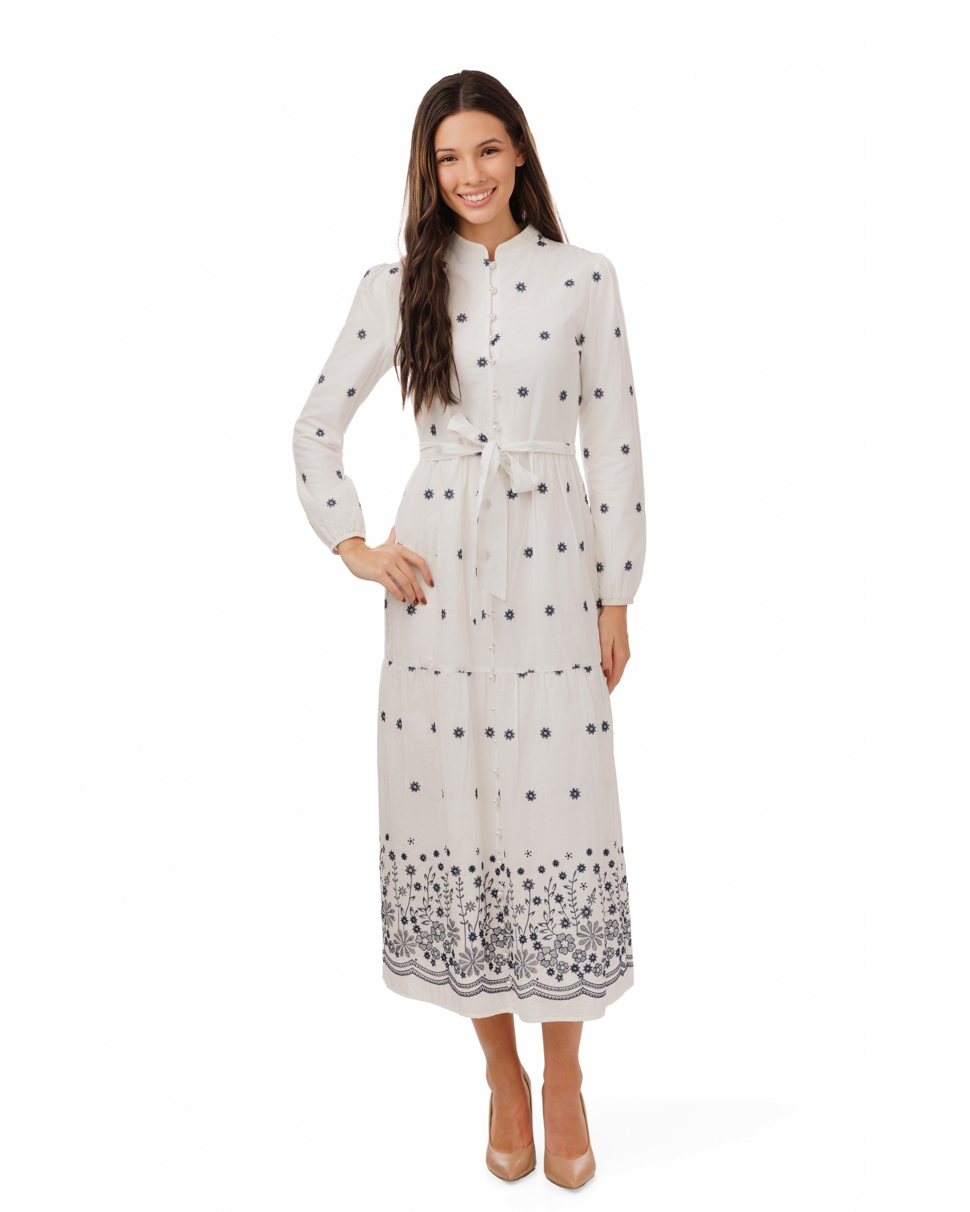 Button-Front Dress With Delicate Embroidery And Tie Waist