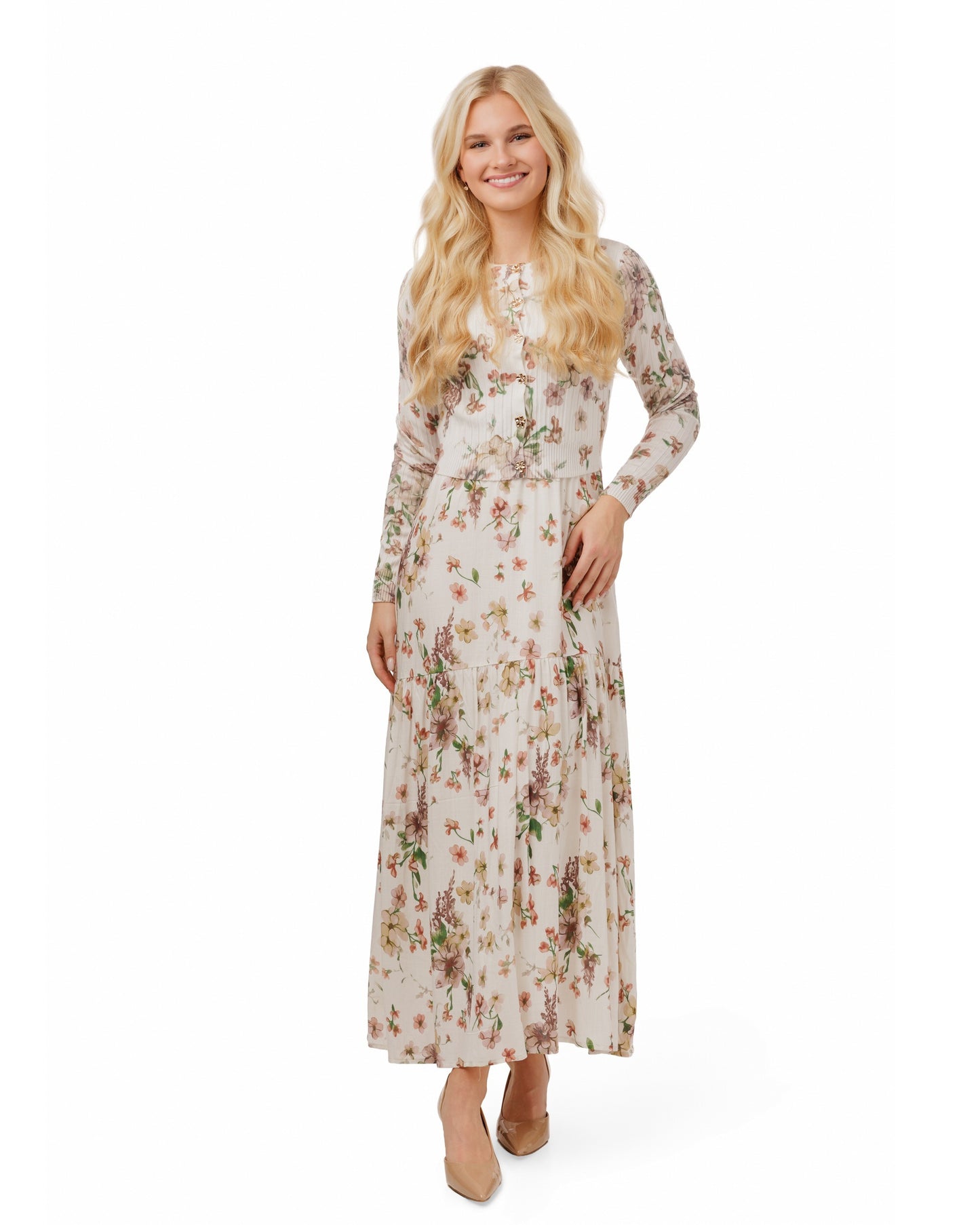 Floral Printed Ivory Overlay Dress