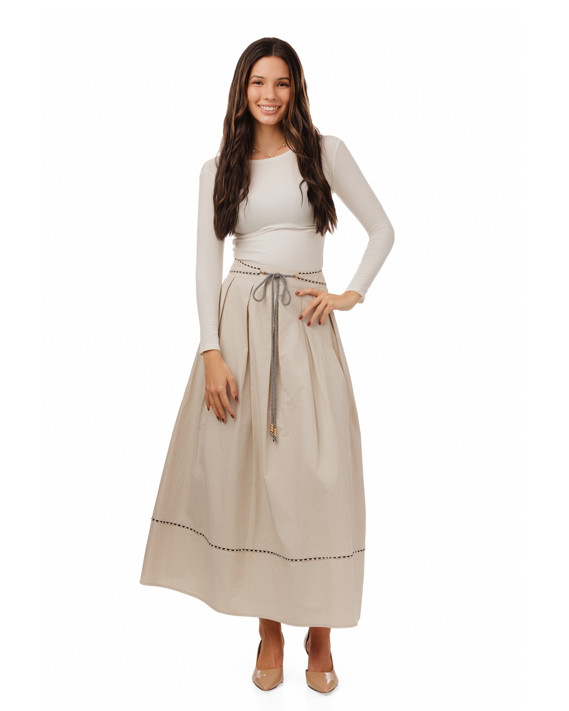 Beige Cotton Skirt With Belt