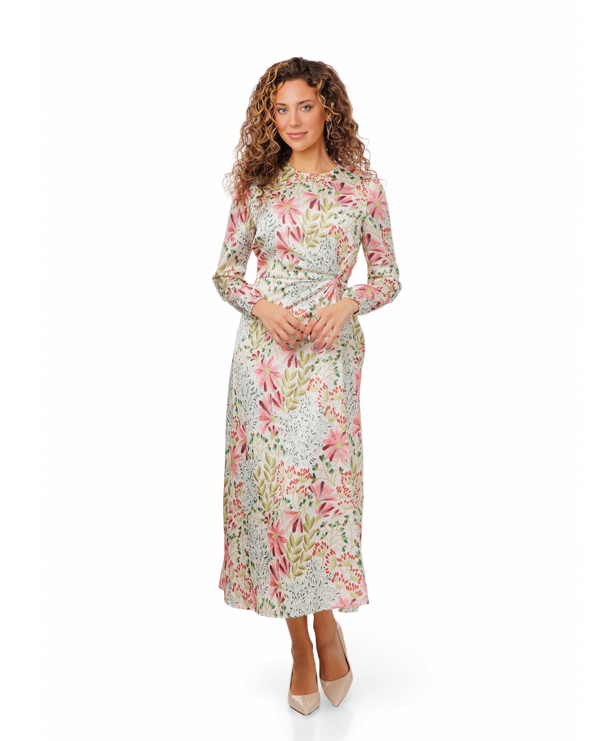 Floral Satin Dress With Knotted Waist