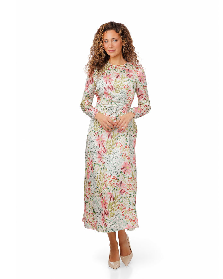 Floral Satin Dress With Knotted Waist