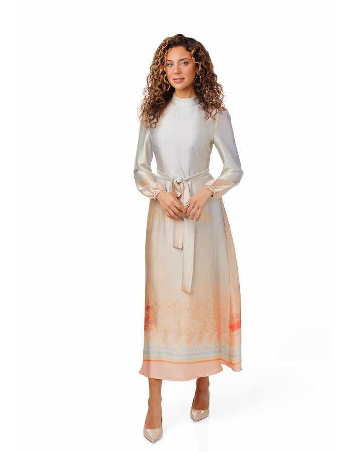 Satin Printed Dress With Belt
