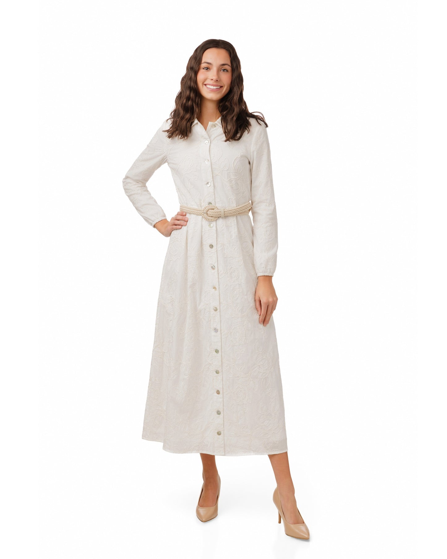White Beaded Embroidered Dress W/ Braided Belt
