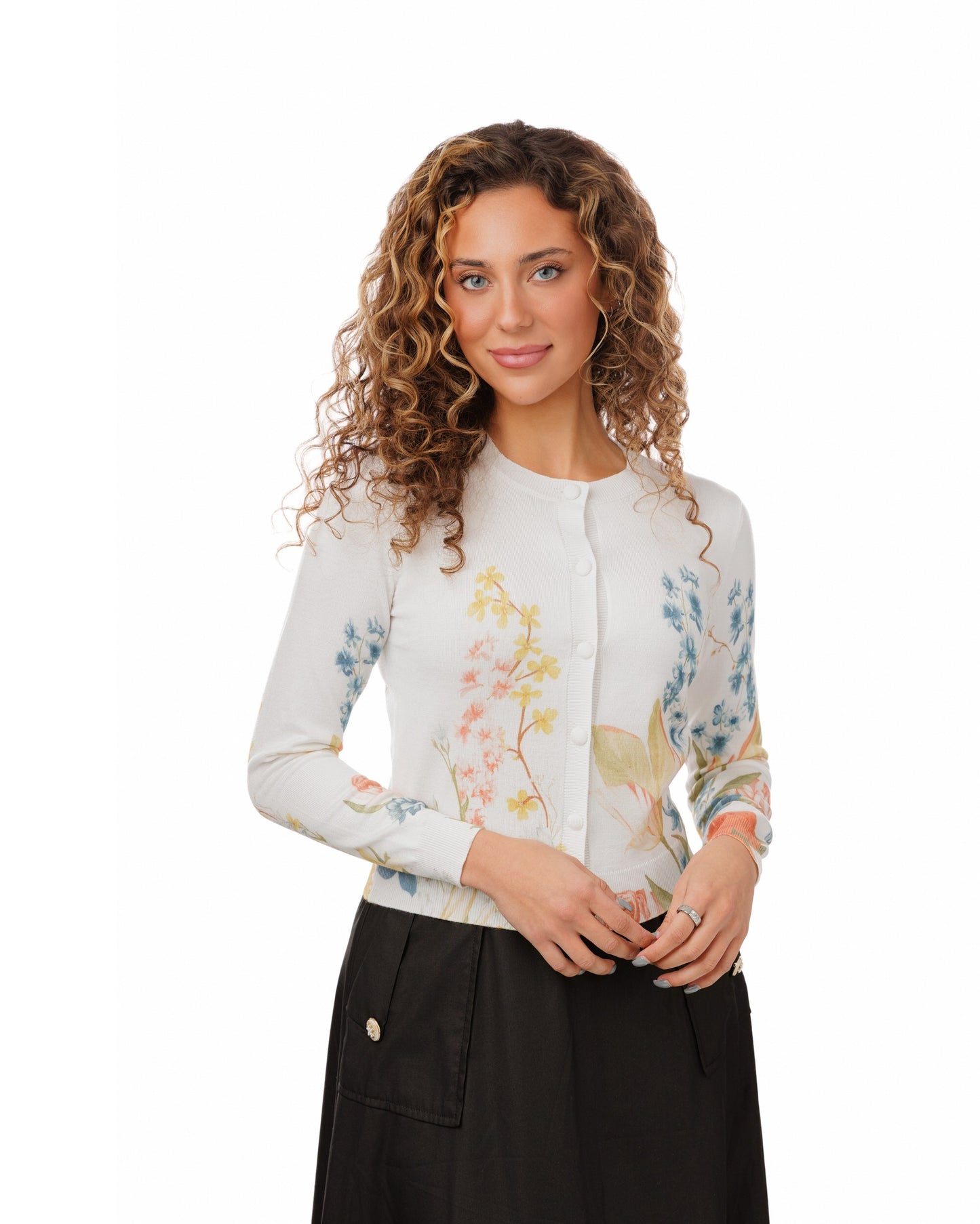 Knit Cardigan With Floral Print - White