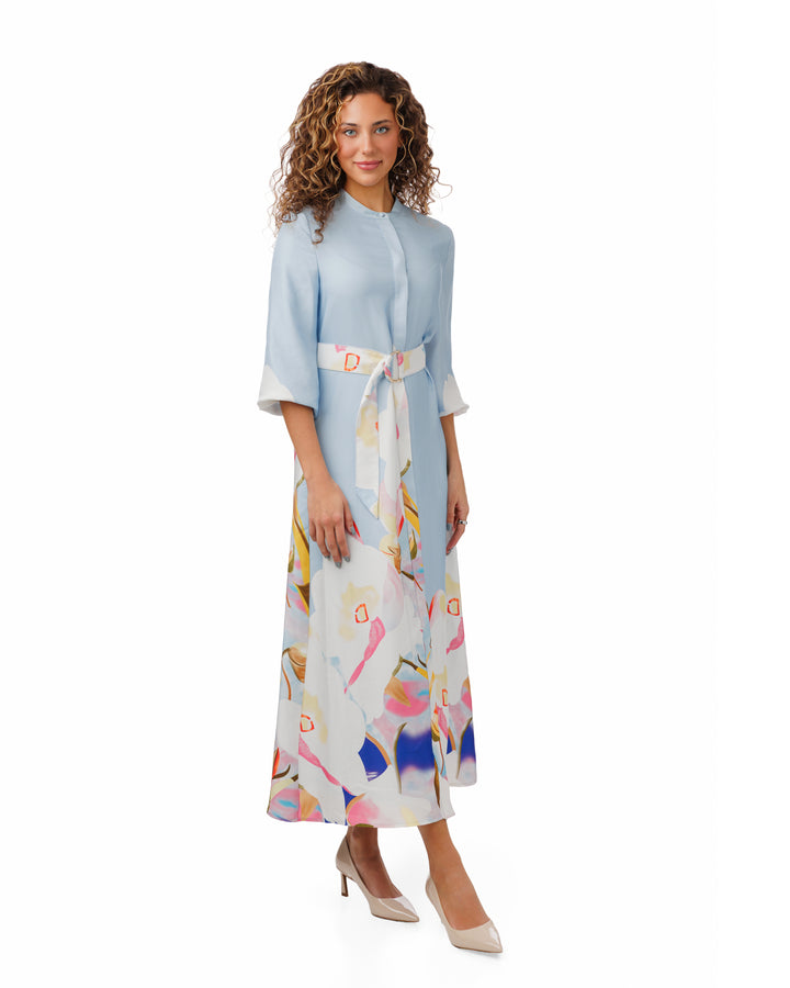 Blue Satin Dress With Flowers