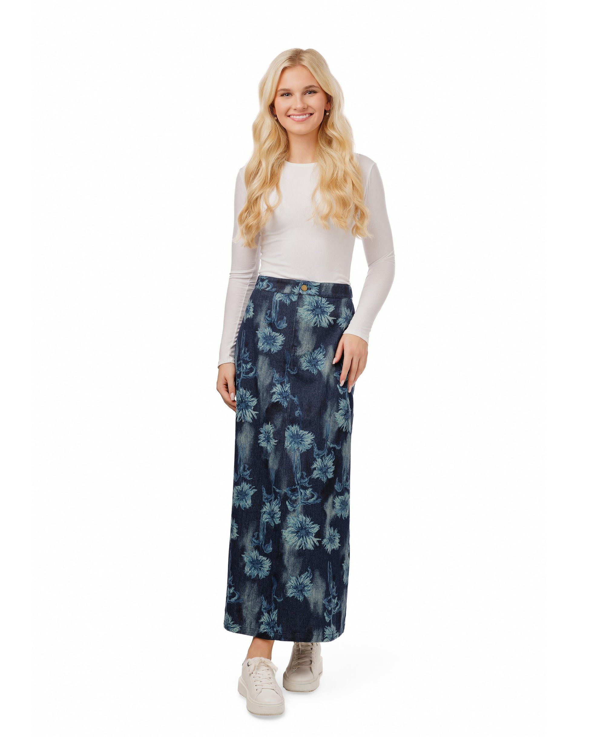 Blue Floral Printed Denim Skirt