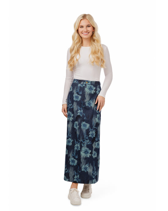 Blue Floral Printed Denim Skirt