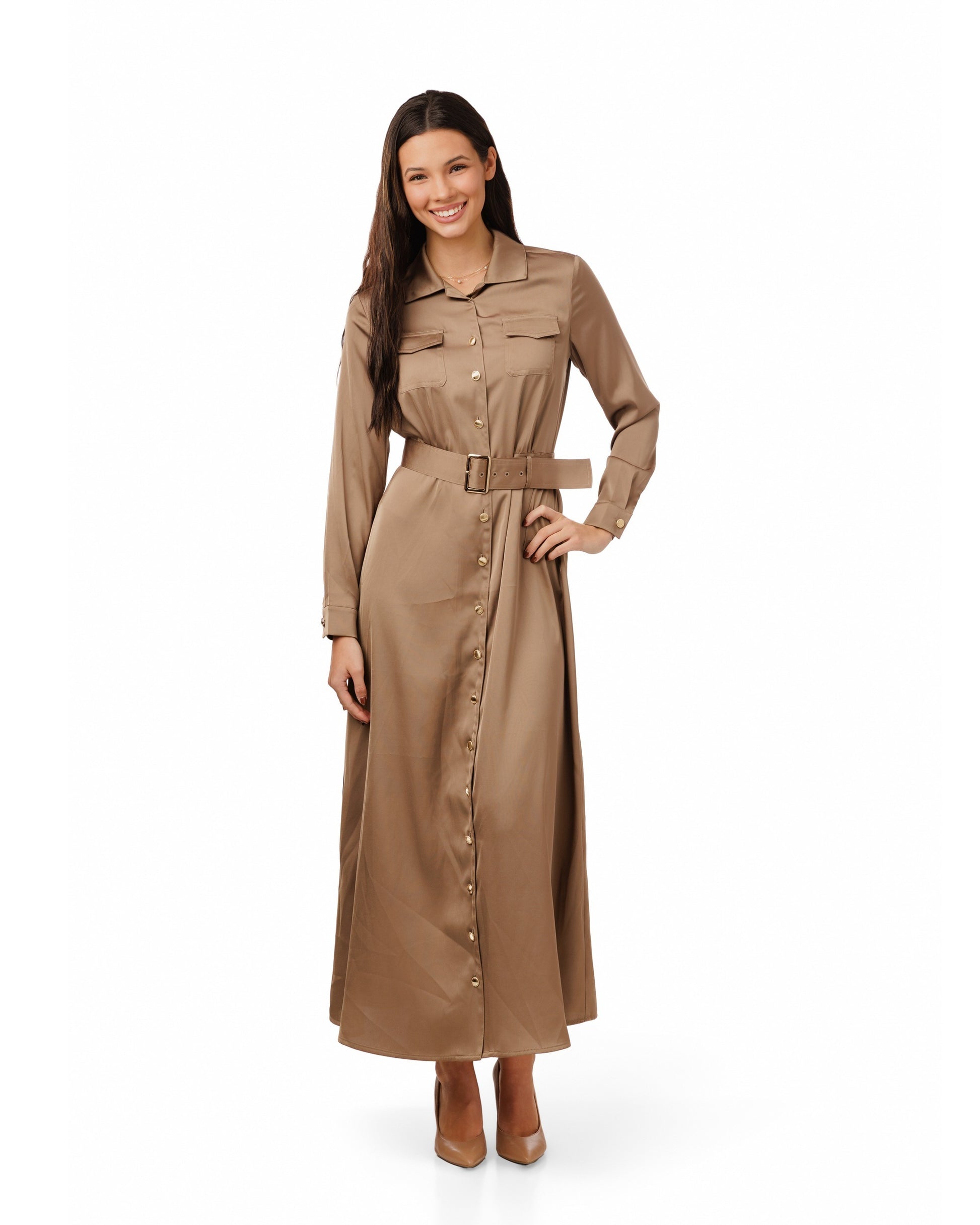 Belted Dress With Gold Buttons - Brown