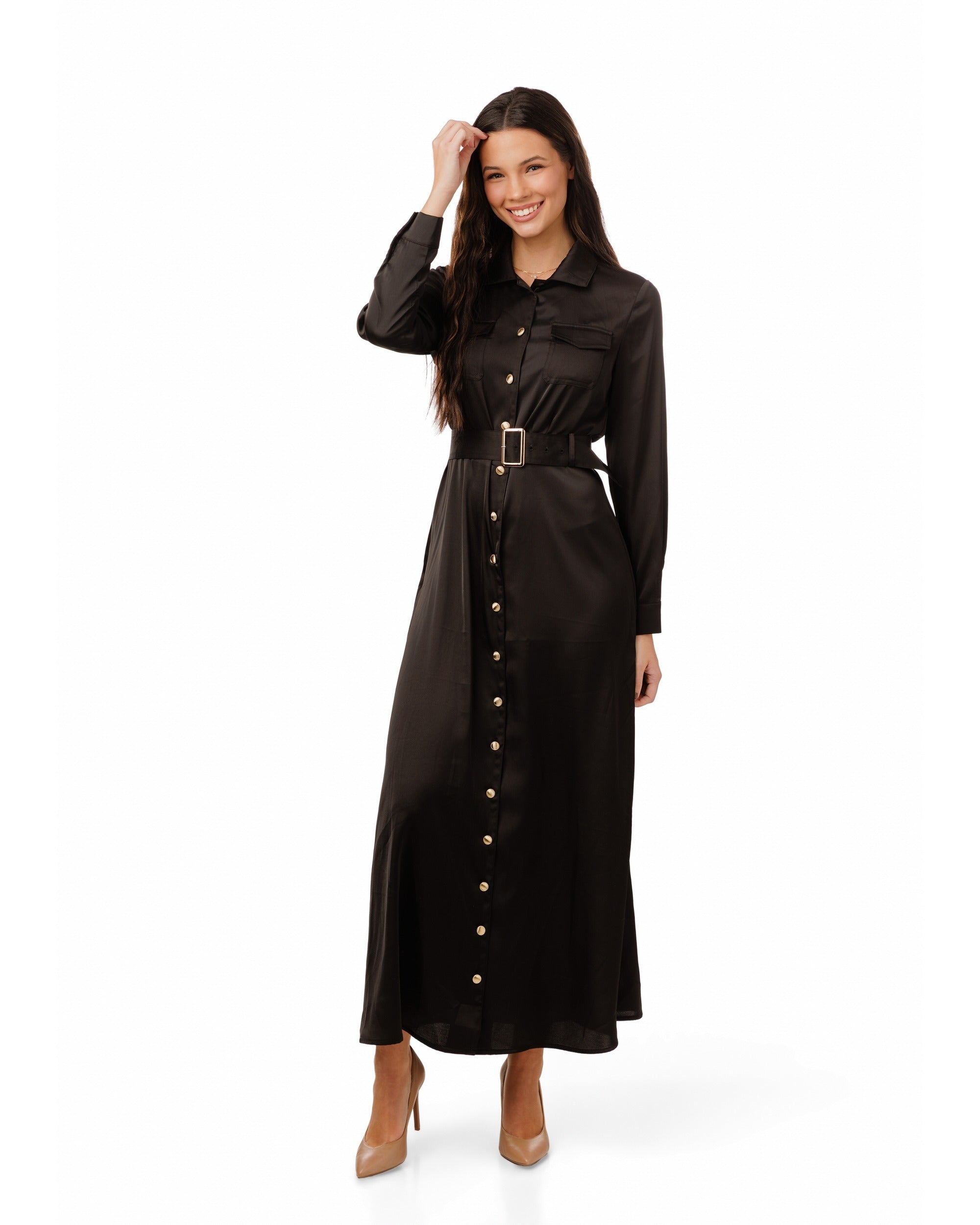 Belted Dress With Gold Buttons - Black