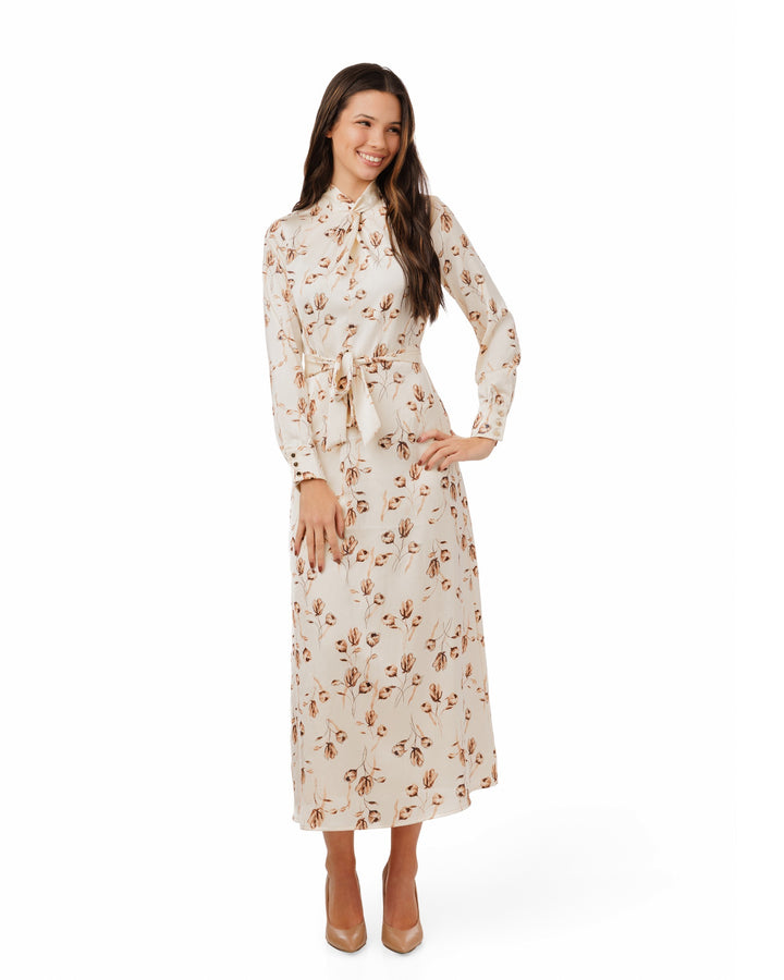Ivory And Brown Floral Printed Satin Dress