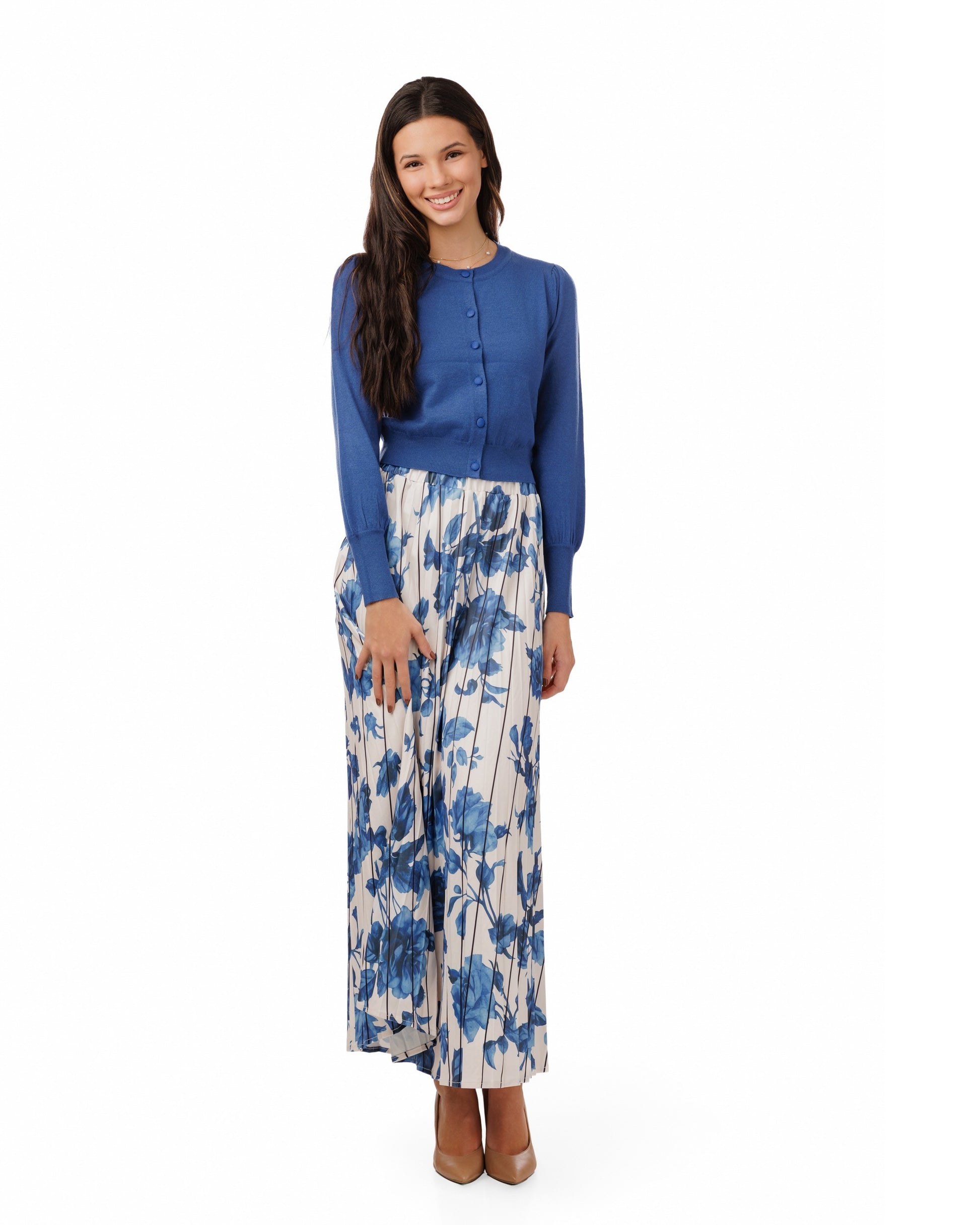 Ivory With Blue Floral Stripped Skirt
