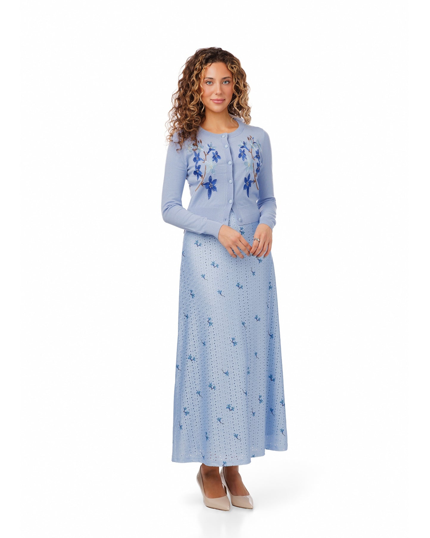 Knit Cardigan With Dark Bule Embroidery - Light Blue