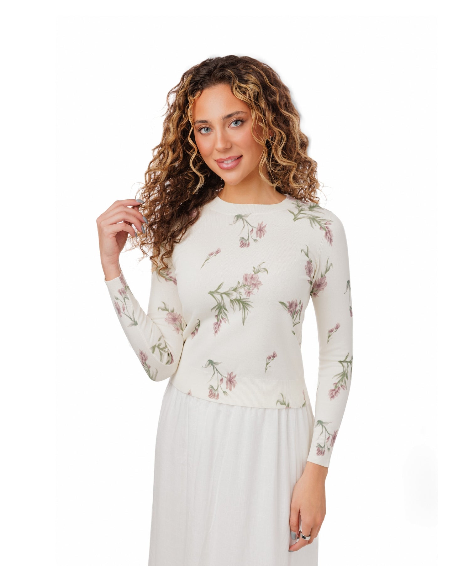 Knit Pink And Green Floral Sweater