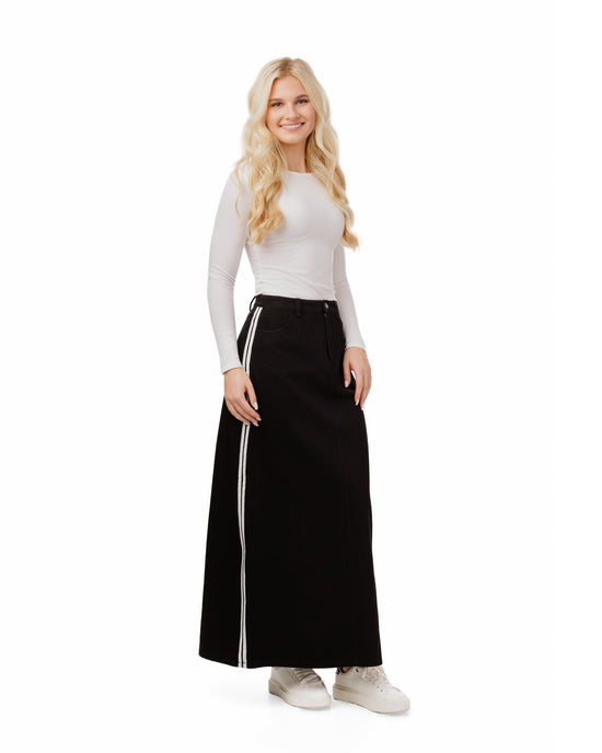 Denim Skirt With 2 Stripes Down The Side - Black