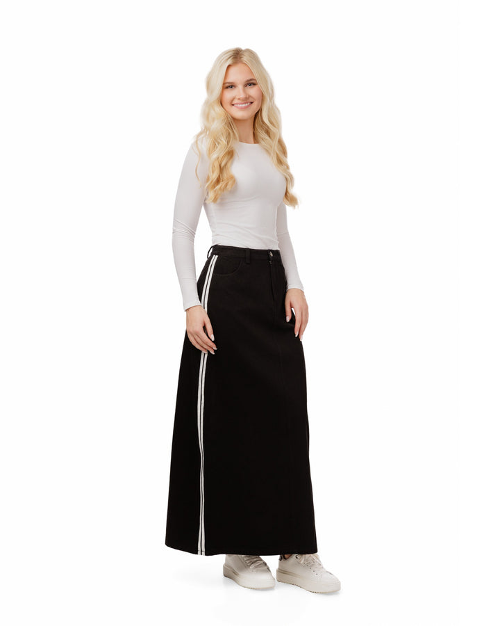Denim Skirt With 2 Stripes Down The Side - Black