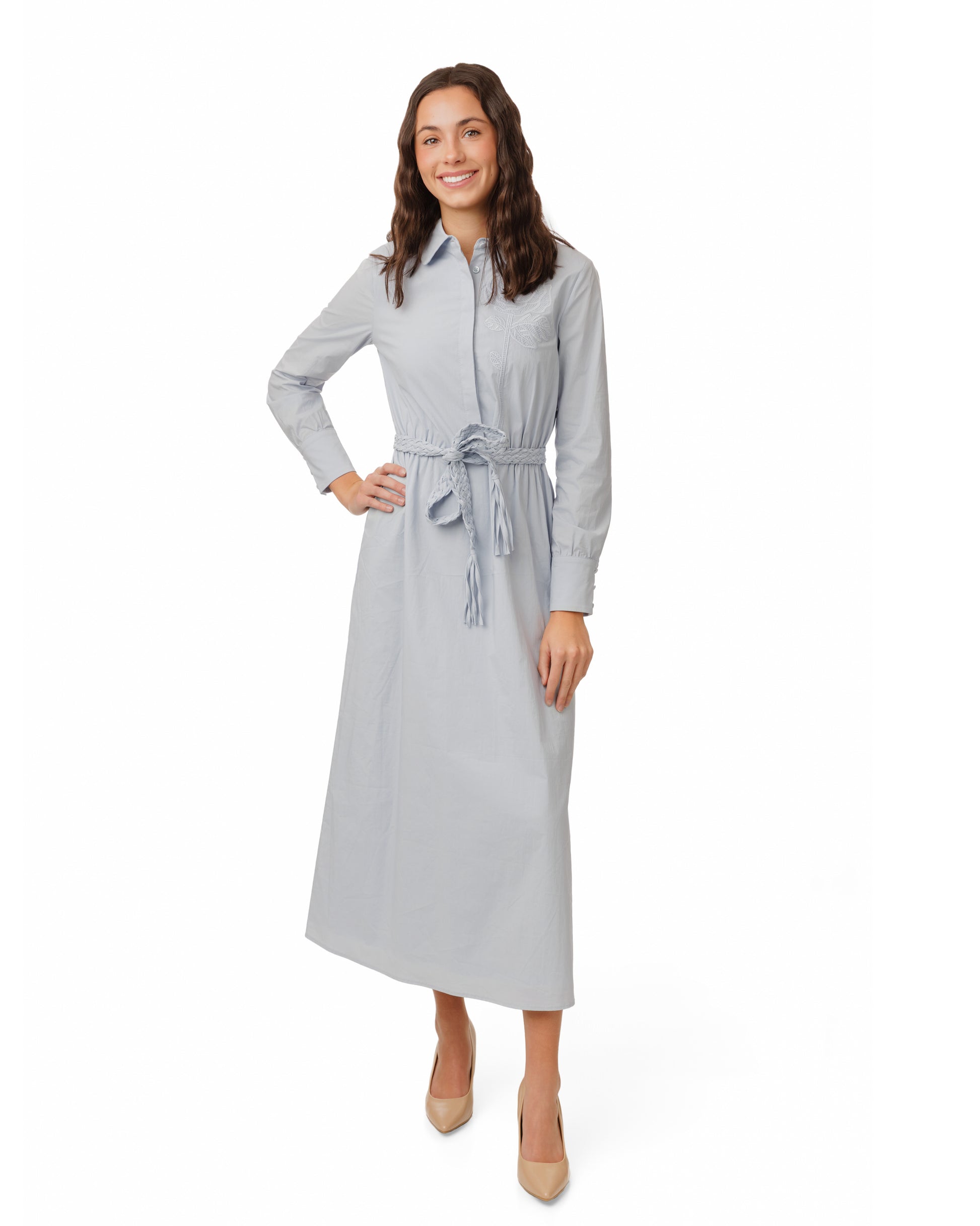 Cotton Slate Blue Belted Dress